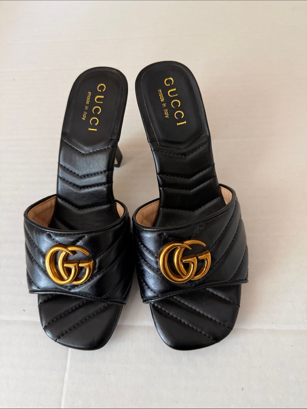 GG Marmout “looks authentic “ black Quilted Sandals w/,Gold hardware, size 37=7
